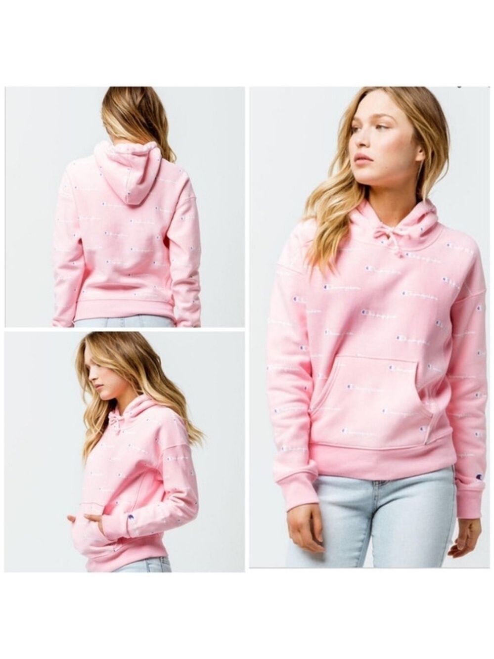 S • Champion • Reverse Weave Pink Relaxed Fit Allover Logo Hoodie Sweatshirt